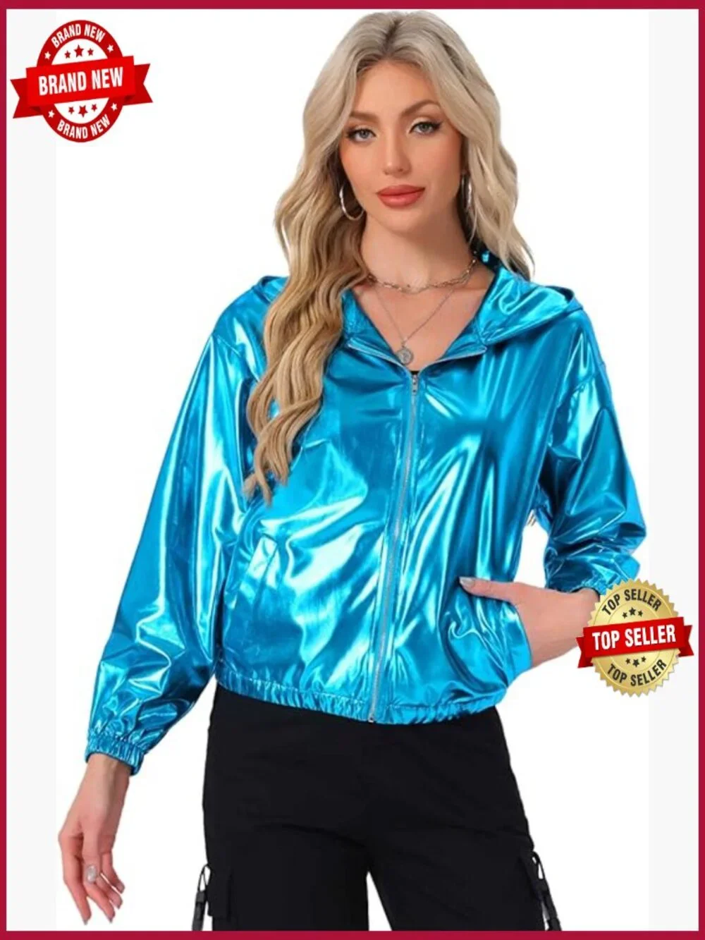 Holographic Hooded Zip-Up Metallic Casual Jacket